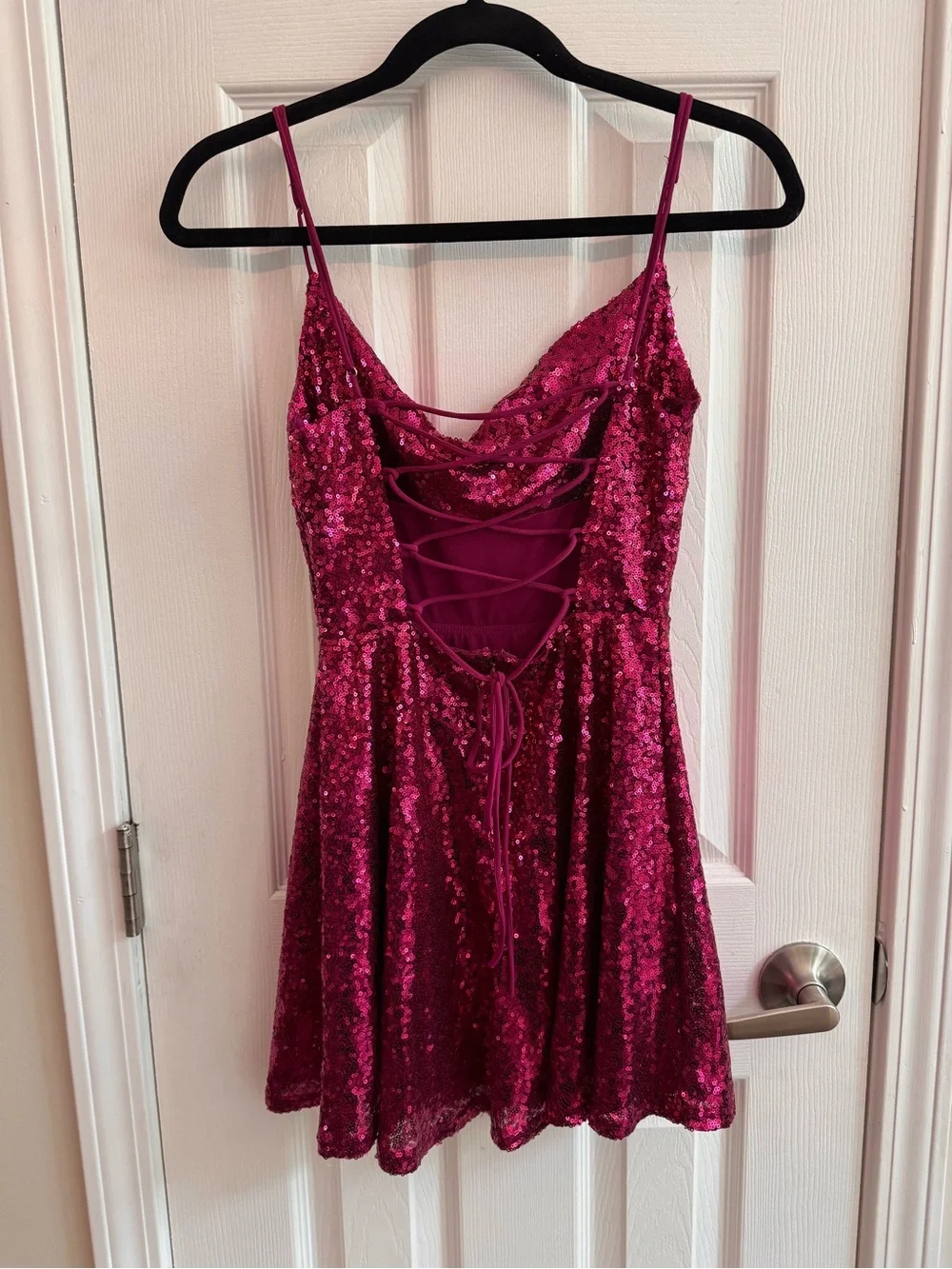 LUCY IN THE SKY Hot Pink Sequin Cowl Neck Mini Dress Size Small - Picture 4 of 6